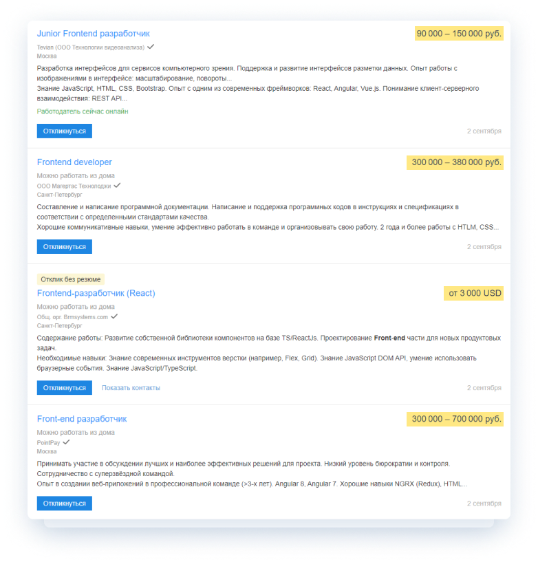 Скриншот вакансий для Frontend разработчика
